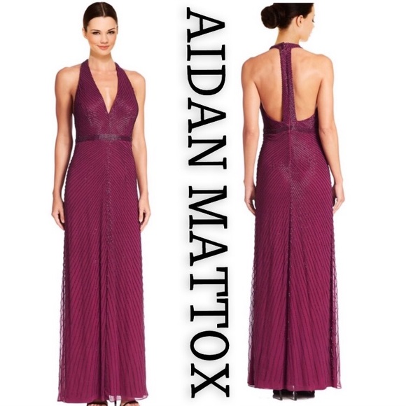 Aidan Mattox fully beaded V-neck sleeveless Open back long gown - Picture 4 of 9